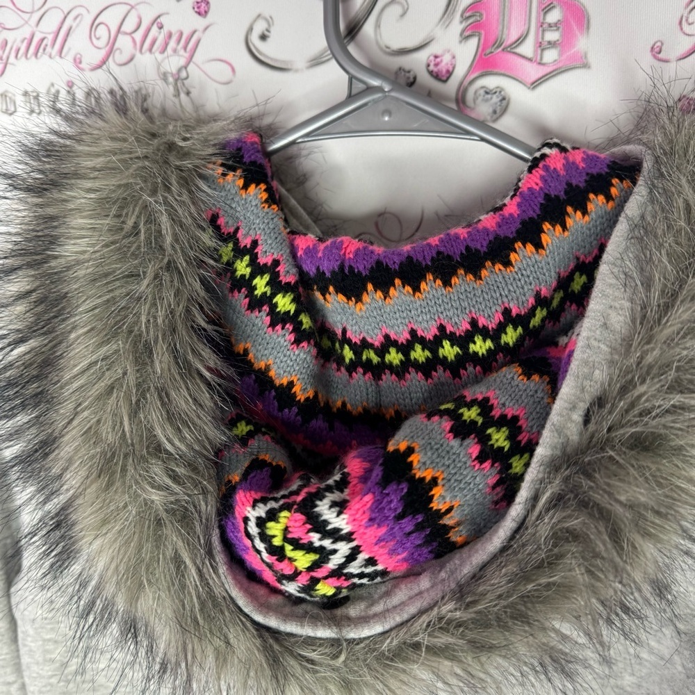 Aeropostale hoodie fur trim hood knit crochet neon inside hood zip up sweater - Picture 2 of 14